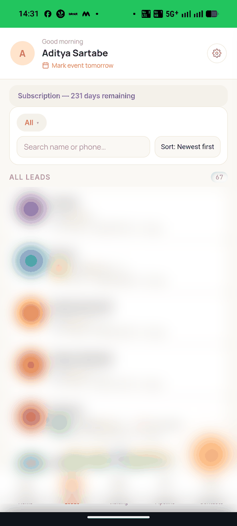 Lead list screen in the TTP Coach app