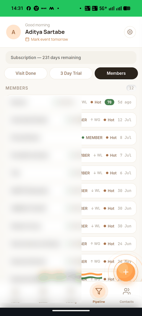 Members pipeline screen in the TTP Coach app